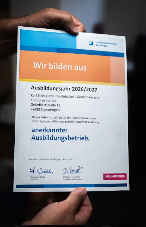 Urkunde der Handwerkskammer Reutlingen: anerkannter Ausbildungsbetrieb