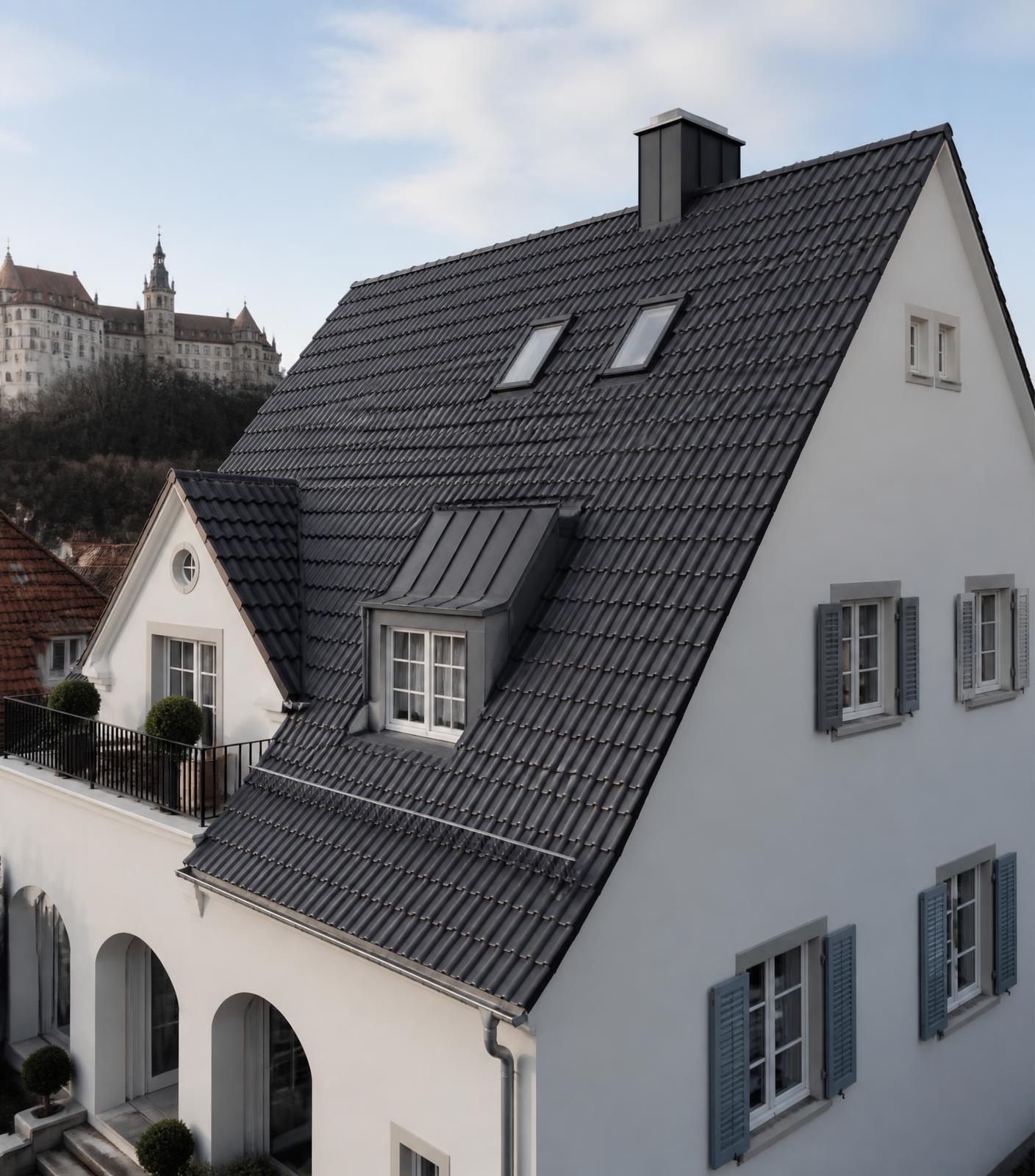 Saniertes Steildach mit anthrazitfarbenen Dachziegeln in Sigmaringen